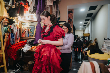 Two young actors are in costume backstage, preparing for a performance. The scene depicts the...