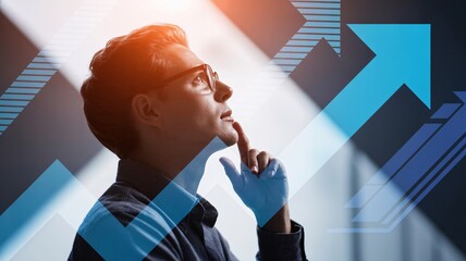 Thoughtful businessman with rising arrow graphs symbolizing growth, planning, success and future vision.