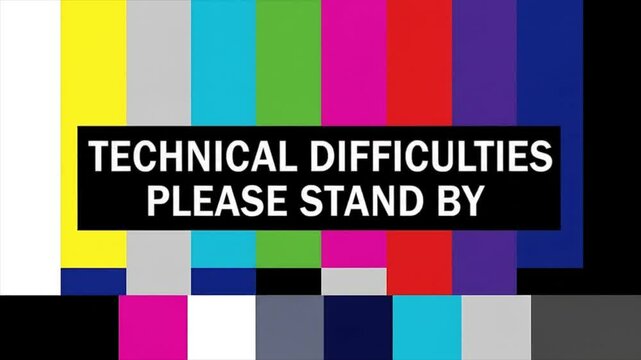 Television displays a "Technical Difficulties" message on screen, indicating a broadcast interruption, with colorful test pattern background, for media concepts.