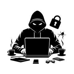 Computer hacker with laptop  silhouette , hacker with laptop vector