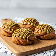 Fresh baked goods, Four Decadent Pistachio Swirl Buns on Wood.