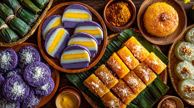  Assorted Filipino kakanin rice cakes on banana leaf
