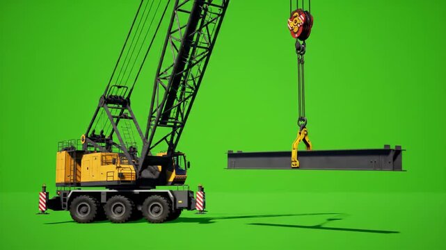 chroma key green of a mobile crane lifting a steel beam on green screen