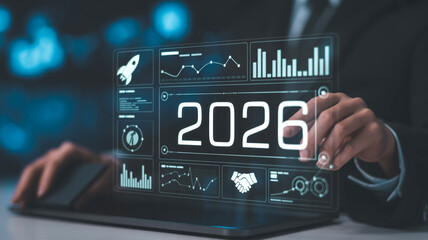 A futuristic digital interface design showing a 2026 year number in white text against a dark blue background.