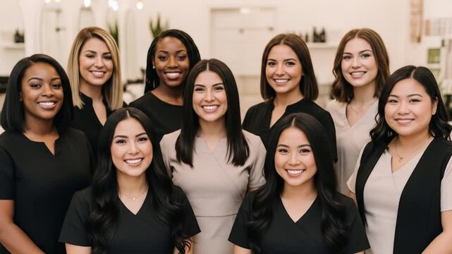 Smiling Professional Women Group Portrait in Bright Workplace
