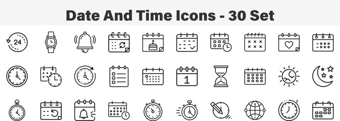 Date And Time icons 30 Set. Line Art Icon Collection. Editable Stroke. Vector Illustration