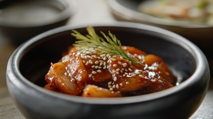 Closeup View of Traditional Korean Ceramic Dish Filled with Seasoned Bracken Fern Side Dish