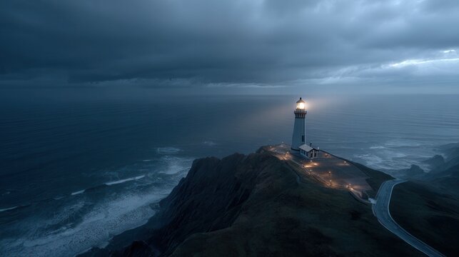 Lighthouse on a coastal cliff under a cloudy sky at dusk - Powered by Adobe
