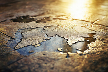 Obraz premium Cracked ground with glistening water and sunlight – a poetic composition reflecting drought, resilience, and the fragile beauty of contrast.