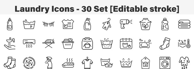 Laundry icons 30 Set. Line Art Icon Collection. Editable Stroke. Vector Illustration