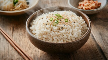 Steaming Mixed Grain Sorghum Rice Served In Traditional Earthenware Bowl With Chopsticks And Rustic Table Setting