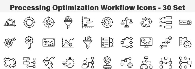 Processing Optimization Workflow icons 30 Set. Line Art Icon Collection. Editable Stroke. Vector Illustration