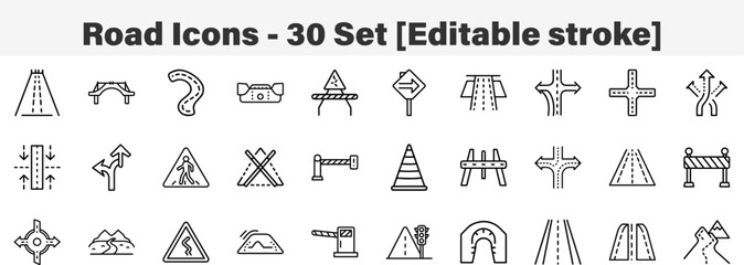 Road icons 30 Set. Line Art Icon Collection. Editable Stroke. Vector Illustration