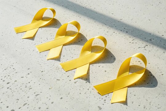 Four bright yellow awareness ribbons arranged in a diagonal line on a textured light gray surface with shadows