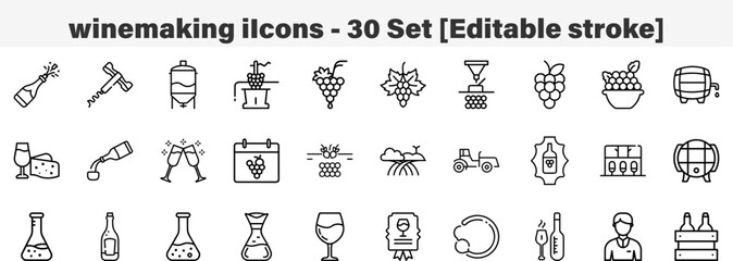 winemaking icons 30 Set. Line Art Icon Collection. Editable Stroke. Vector Illustration