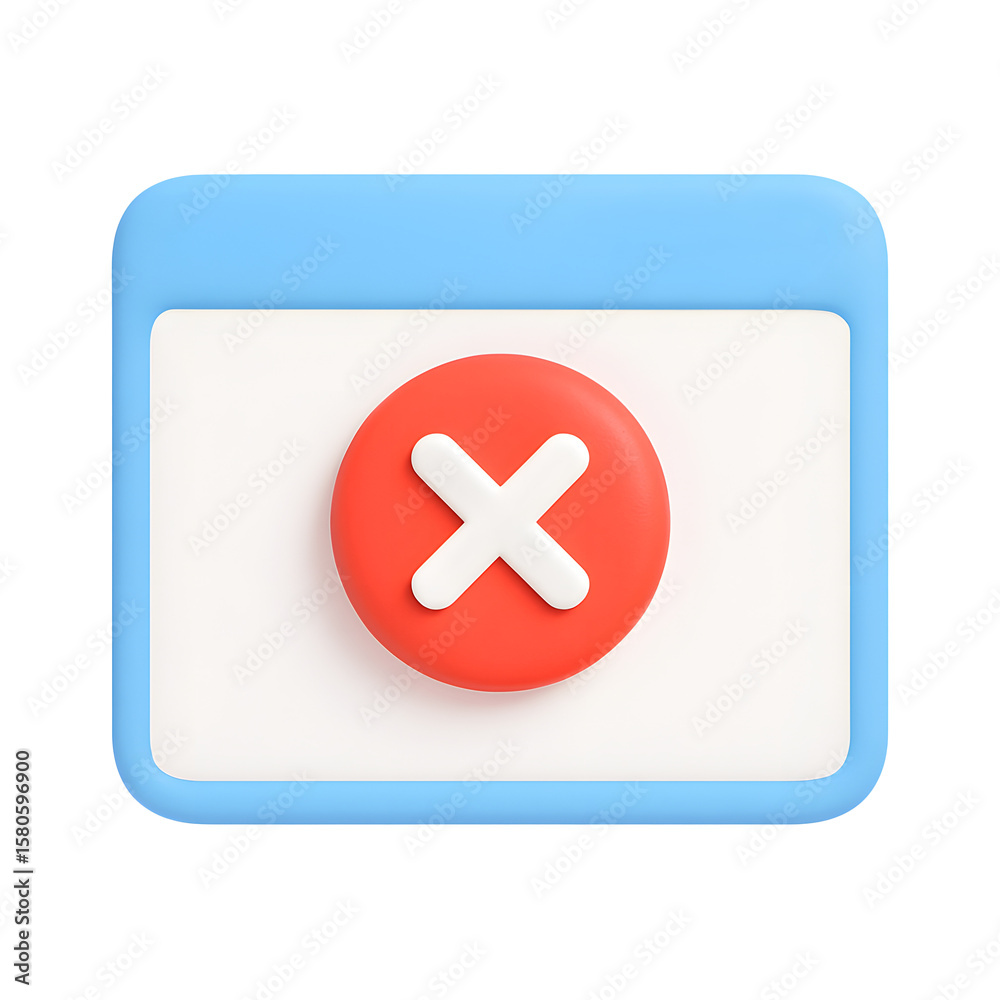 Poster 3d error window icon with red cross button and blue browser frame, isolated on transparent backgroun
