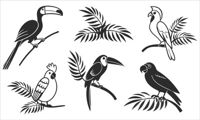Naklejka premium Toucans parrots and palm leaves tropical birds branches