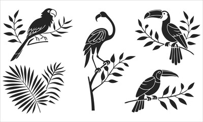 Naklejka premium Tropical birds and foliage silhouettes parrot flamingo