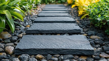 Dark gray stone paving stones in a garden pathway.