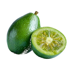Whole and halved green feijoa fruit with visible seeds and pulp isolated on a transparent background