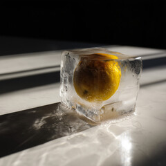 Frozen lemon in a clear ice cube – surreal still life symbolizing freshness, preservation, and the paradox of frozen citrus energy.