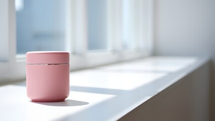 Pink ceramic container product photography on windowsill home decor minimalist style
