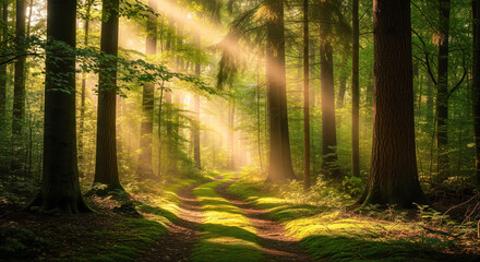 Beautiful forest with sunbeams shining through trees on green mossy path, magical woodland landscape with golden sunlight and long shadows