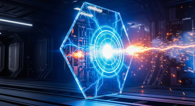 Futuristic energy shield blocking powerful laser beam attack, science fiction force field defense system in high-tech corridor with blue electricity