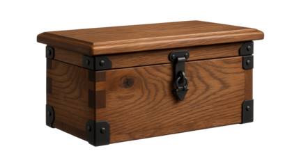 A rustic wooden chest with iron accents, perfect for storing remote controls and gadgets in a living room.