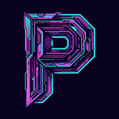 Modern Tech Alphabet Initial P, Neon Geometric Font