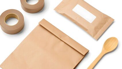 Brown paper bags and tape rolls for packaging and shipping supplies on white surface