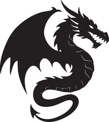 Silhouette of a majestic dragon with wings and spikes isolated on white background