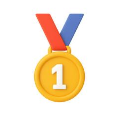 3D gold first place medal icon with red and blue ribbon and number one isolated on transparent background