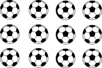 A pattern of twelve classic black and white soccer balls on a white background