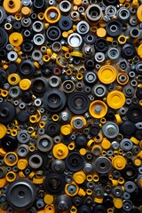 Industrial parts background with yellow and black metal components and fasteners design
