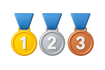 3D gold silver and bronze medal icons with numbers 1 2 and 3 and blue ribbons isolated on transparent background