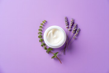 Lavender cream moisturizer skincare beauty product on purple background top view flat lay