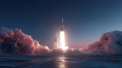 Rocket Launching into the Sky with Smoke and Fire