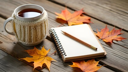 Cozy autumn scene with tea cup, notebook, pencil, and fall leaves on wooden surface