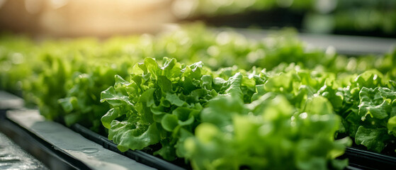 Green lettuce leaves in hydroponic setup, bright light, freshness and growth. Useful for articles on agriculture and healthy eating.