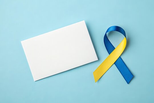 A white blank card next to a blue and yellow ribbon on a light blue background - Powered by Adobe