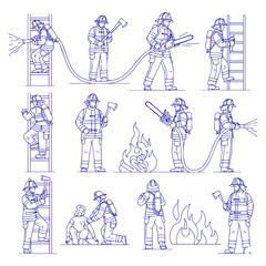 Firefighter Duty Line Icons, Emergency Services Crew