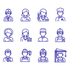 Diverse Professional Avatars, Occupation Line Art Icons Set
