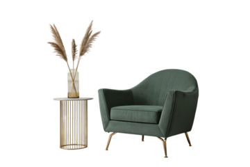 Elegant Teal Armchair  Side Table Interior Design Inspiration isolated on transparent background