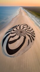 Aerial view of nautilus shell art on beach sand at sunset scenic ocean coastline