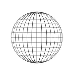 Wireframe globe sphere with black grid lines on white background representing global network or earth model
