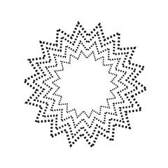 Abstract black dotted starburst pattern with zigzag radial symmetry on white background in minimal style