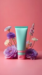 Beauty product mockup with flowers on pink background for skincare and cosmetics ads
