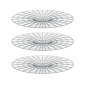 Abstract wireframe gravity wells in space-time grid illustration showing curvature distortion in black holes
