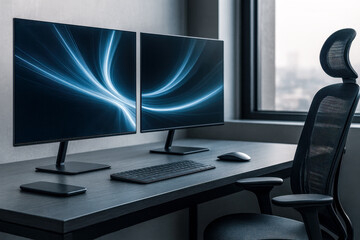 high tech desk setup with dual computer monitors displaying abstract blue data streams next to a window in a modern office